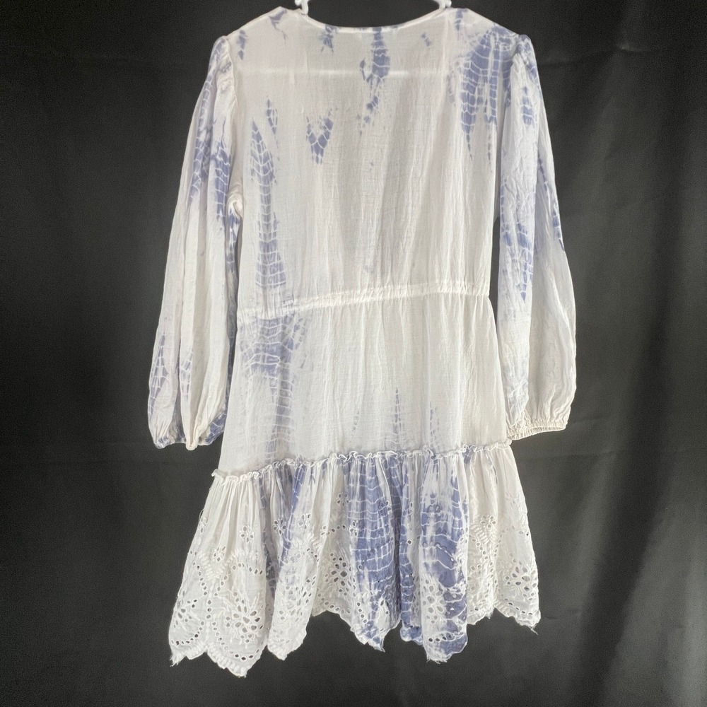 Blue Island Tie Dye Eyelet Mini Dress Womens XS White Blue Tassel Boho Beach - Picture 7 of 8